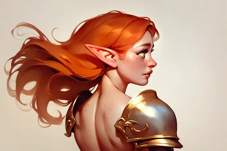 （The same character，whole body，front，side，back），Simple background，（whole body）girl，Orange hair，Self-made roll，Long hair，Green eyes，Look straight ahead，Freckles on the face，Armor，Elf ears