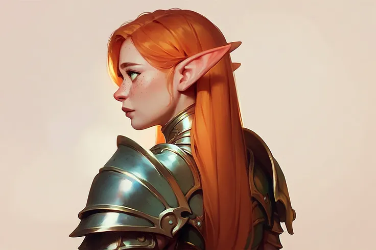 （The same character，whole body，front，side，back），Simple background，（whole body）girl，Orange hair，Self-made roll，Long hair，Green eyes，Look straight ahead，Freckles on the face，Armor，Elf ears