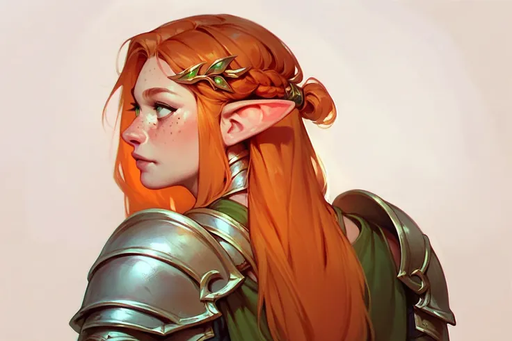 （The same character，whole body，front，side，back），Simple background，（whole body）girl，Orange hair，Self-made roll，Long hair，Green eyes，Look straight ahead，Freckles on the face，Armor，Elf ears