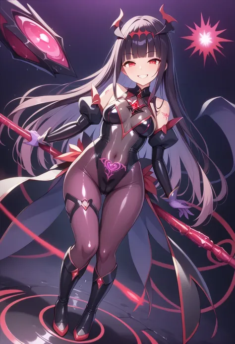 1girl,standing, corruption,wide hip, red eyes, long blunt bangs hair, purple theme, sexy, corruption bodysuit, see-through leotard, glowing red lines, many red lines , look up, evil theme, dark magical girl, corruption, blunt bangs, bare shoulder puffy , g...