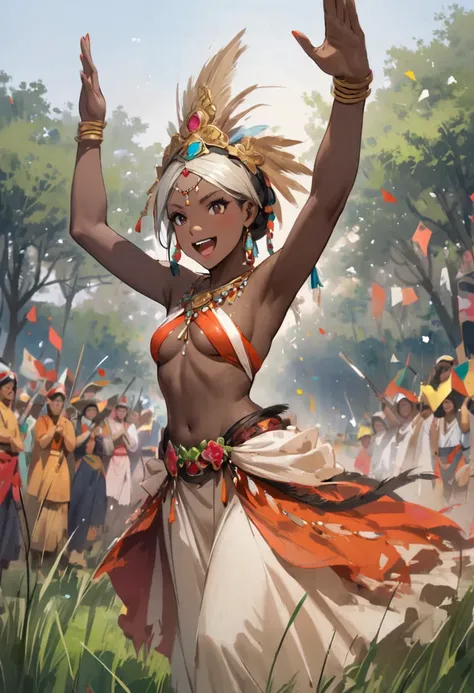 Dynamic Pose、Dynamic Angle、In the jungle、grassland、Amazoness、Girl、Girl、Indian、Both eyes open、National costume、Brown skin、Butt、Thighs、dance、belly button、Spectators、sunlight、pants、Healthy Skin、Black、Have fun
