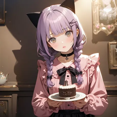 (Cute a girl:1.5), (a girl with closs hair pin,pale purple hair,wavy two braids,bluntbangs hair,green and black eyes,
pink shirt,cosplay, jirai kei, bangs, black skirt, black bow, looking at viewer, bow, long sleeves, choker, ribbon,pink lips, :1.4),(maste...