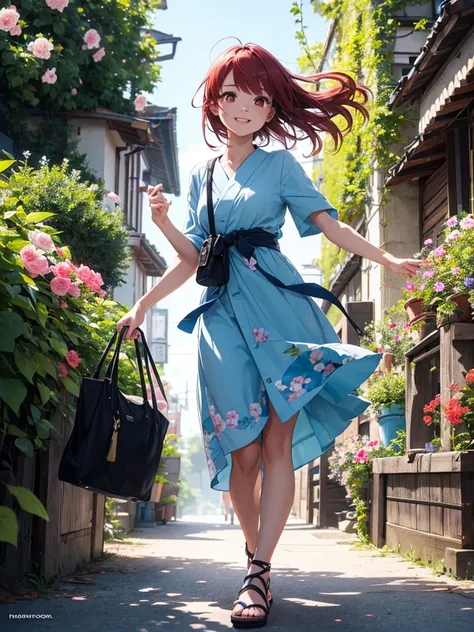 beautiful young woman, anime style, detailed face, red hair, red eyes, delicate features, soft lighting, wearing a stylish summer outfit, sundress, sandals, holding a small bag, standing outside in a sunny environment, vibrant greenery, clear blue sky, flo...