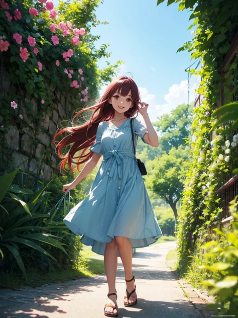 beautiful young woman, anime style, detailed face, red hair, red eyes, delicate features, soft lighting, wearing a stylish summer outfit, sundress, sandals, holding a small bag, standing outside in a sunny environment, vibrant greenery, clear blue sky, flo...