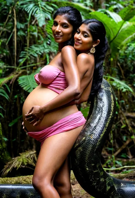 Pregnant Topless  pink thong wearing aroused horny beautiful happy young Indian teen girl vs  Giant colossal black anaconda monster wrapped around her body squeezing her in coiled embrace cuddling and kissing  sexual erotic bestiality  sex  realistic in th...