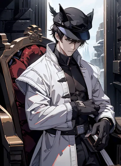 1man Gunslinger,Coldplace,fantasy, blackhair, cat ear, tall, glove, wearing hat, handsome, villian face, red eye, 21 yearold, wearing white winter armor, game of throne, male