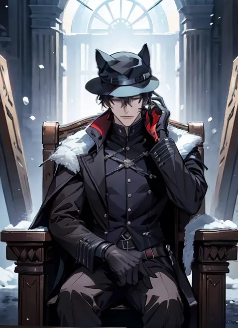 1man Gunslinger,Coldplace,fantasy, blackhair, cat ear, tall, glove, wearing hat, handsome, villian face, red eye, 21 yearold, wearing white winter armor, game of throne, male