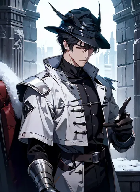 1man Gunslinger,Coldplace,fantasy, blackhair, cat ear, tall, glove, wearing hat, handsome, villian face, red eye, 21 yearold, wearing white winter armor, game of throne, male