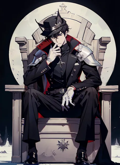 1man Gunslinger,Coldplace,fantasy, blackhair, cat ear, tall, glove, wearing hat, handsome, villian face, red eye, 21 yearold, wearing white winter armor, game of throne, male