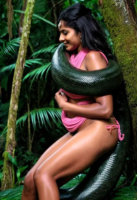  Topless  pink thong wearing aroused horny beautiful happy young Indian teen girl vs  Giant colossal black anaconda monster wrapped around her body squeezing her in coiled embrace cuddling and kissing  sexual erotic bestiality  sex  realistic in the rainfo...