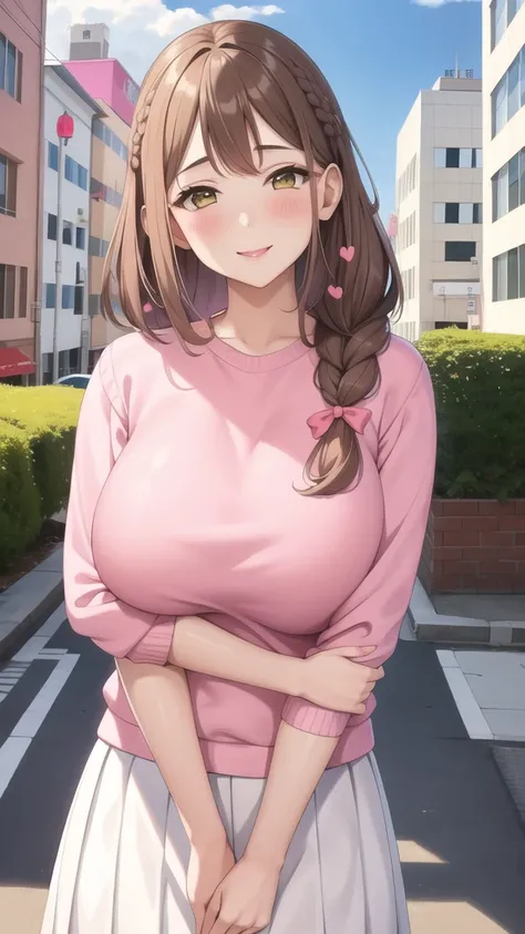 (masterpiece, best quality), outdoors, street, white long skirt, pink sweater, hearts, blush, smile, upper body, standing, fw.ayaka，lBig breasts，side braid，brown hair，lipstick