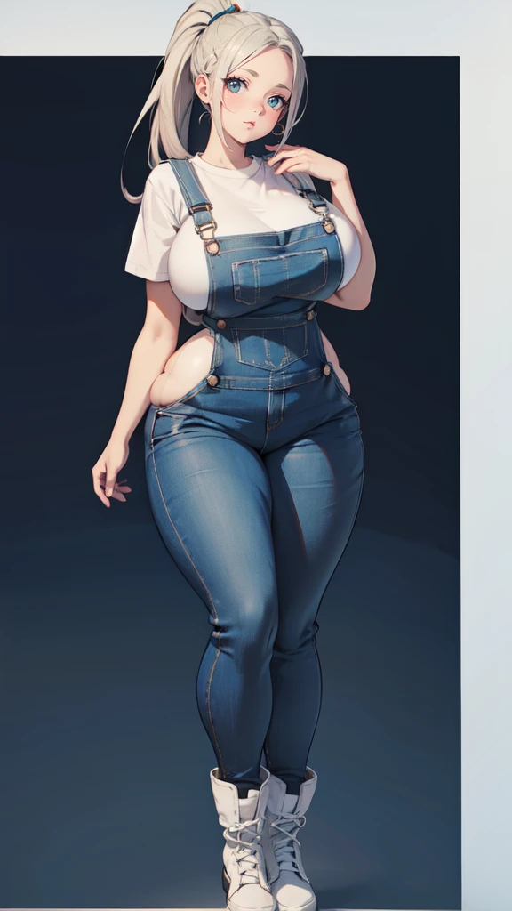 ((blank background)), masterpiece, best quality, silver hair, (curvy:1.8), (massive breast:1.5), ((full body framing)), (long legs:1.6), symmetry, farmer woman, (blue overalls), long boots, belt below navel, lumberjack shirt, ponytail