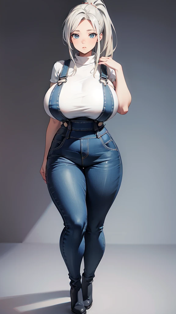 ((blank background)), masterpiece, best quality, silver hair, (curvy:1.8), (massive breast:1.5), ((full body framing)), (long legs:1.6), symmetry, farmer woman, (blue overalls), long boots, belt below navel, lumberjack shirt, ponytail