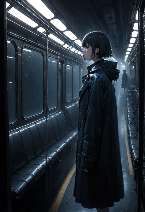 ((masterpiece), Absurd quality, 16K, 1 girl with short hair, Wearing a dark blue coat, She is long, Dimly lit subway. The perspective camera captures the entire vehicle. In the carriage, Innermost, In a dark corner not well lit by the flashing lights, A fa...