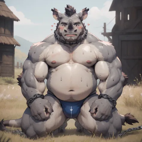 masterpiece, best quality, 8k resolution, Very detailed, hairy，(((rhino)))，(((Mature)))，(((middle age)))，(((Blushing)))，portrait，(((green eyes)))，(((Strong)))，(((Blushing)))，(((Shirtless)))，(((Fat-enclosed muscle)))，((huge))，Hip bulge，For the audience，(((S...