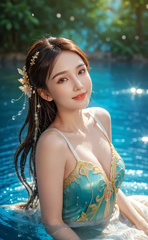 a beautiful woman with a lovely smile, particle effects, floating water, sexy and luscious body, fantasy anime-inspired style, rich and vibrant colors, highly detailed and complex, cinematic bokeh background, 8k, ultra-detailed, photorealistic, professiona...