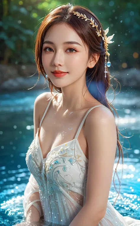 a beautiful woman with a lovely smile, particle effects, floating water, sexy and luscious body, fantasy anime-inspired style, r...