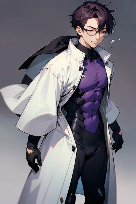 1male, Young Adult, Dark Violet Hair, Eyes Closed, Short Hair, Dojo Background, Slight Smile, Glasses, Standing In City, Detailed background, Black and White Combat Suit, White Coat