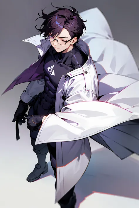 1male, young adult, dark violet hair, eyes closed, short hair, dojo background, slight smile, glasses, standing in city, detaile...