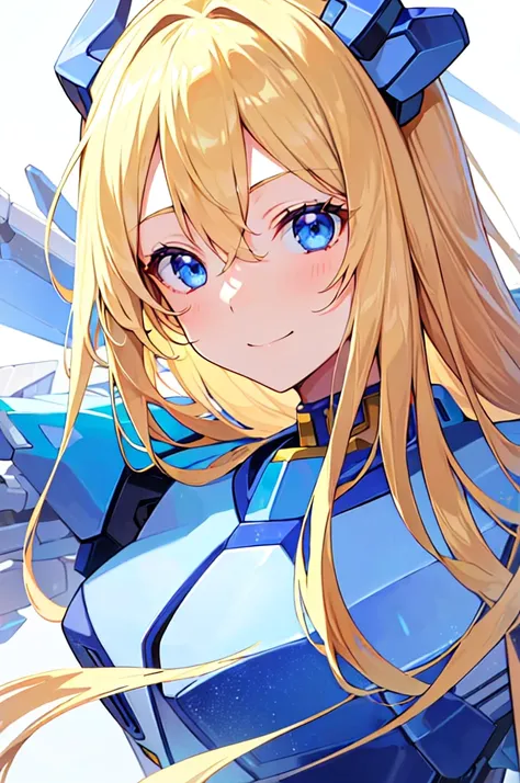 [(WHITE BACKGROUND:1.5),::5], masterpiece, absurdres, best quality, upper body, 1girl, solo, (blond hair), long hair, blue eyes, science fiction, (mecha musume:1.4), v-fin, yellow hologram wing, smile face, Anime style