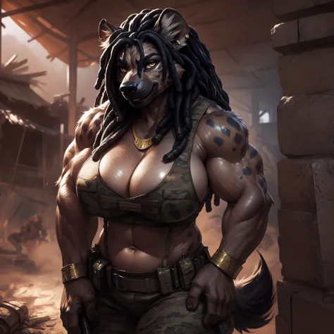 solo, 1girl, hyena, female, broad shoulders, stocky build, buff, muscular, large breasts, dreadlocks, black hair, gold eyes, highly detailed eyes, Amazon, powerful figure, wearing camouflage_uniform, (monochrome uniform:1.2), military camp, rolled sleeves,...