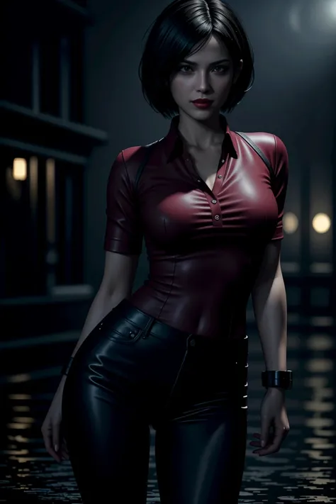 Resident Evil 6,Ada,Short Hair,Red Shirt,Stand up your collar,Black Leather Pants,Photorealistic,Ultra HD,high quality,masterpiece,Digital SLR,Detailed details,Intricate details,Anatomical basis,Depicted in detail,A detailed face,Realistic skin texture,Viv...