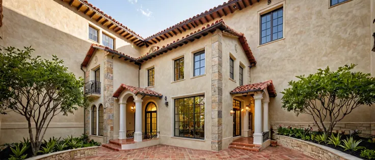 Red Tile Roof: The house features a curved red tile roof, typical of Mediterranean architecture.
Light-Colored Facade: The walls are painted in light colors (white or beige), creating a bright and airy feel.
Large, Arched Windows and Doors: The windows and...