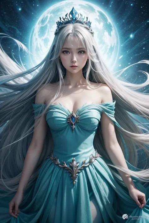 garota anime com longos cabelos brancos e um vestido azul na neve, divindade de cabelos brancos, cabelos brancos flutuando no ar, anime fantasy illustration, flowing white hair, beautiful young wind spirit, belo anime de fantasia, shiny and flowing hair, e...