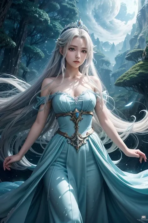 garota anime com longos cabelos brancos e um vestido azul na neve, divindade de cabelos brancos, cabelos brancos flutuando no ar, anime fantasy illustration, flowing white hair, beautiful young wind spirit, belo anime de fantasia, shiny and flowing hair, e...