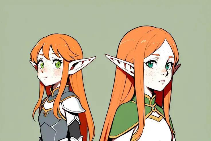 （The same character，front，side，back），Simple background，（whole body）girl，Orange hair，Self-made roll，Long hair，Green eyes，Look straight ahead，Freckles on the face，Armor，Elf ears