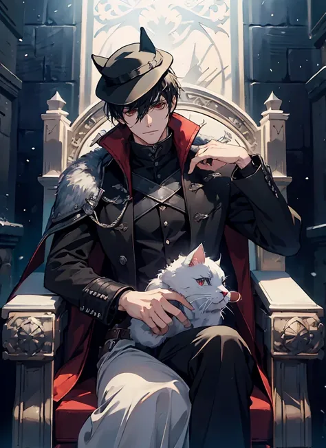 1man Gunslinger,Coldplace,fantasy, blackhair, cat ear, tall, glove, wearing hat, handsome, villian face, red eye, 21 yearold, wearing white winter armor, game of throne, male