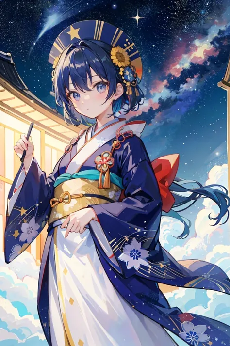 One girl, A girl in a kimono in the distance, Gaze up at the stars on a peaceful Sternennacht, The sky is lit up with a spectacular view of Sternschnuppen. Zoomed out view 1.1, This scene captures the essence of a masterpiece like Van Gogh&#39;s.. The vibr...