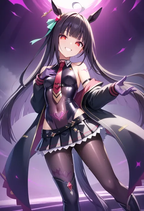 manhattancafe, ahoge, horse tail, black jacket, shirt, necktie, black gloves, skirt, pantyhose, single earring,  1girl,standing, corruption,wide hip, purple theme, sexy, corruption bodysuit, see-through leotard, glowing red lines, many red lines , look up,...