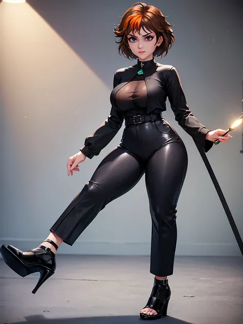 merula, full body, thighs, high heels, solo girl, medium tits, light grey with black points bell pants