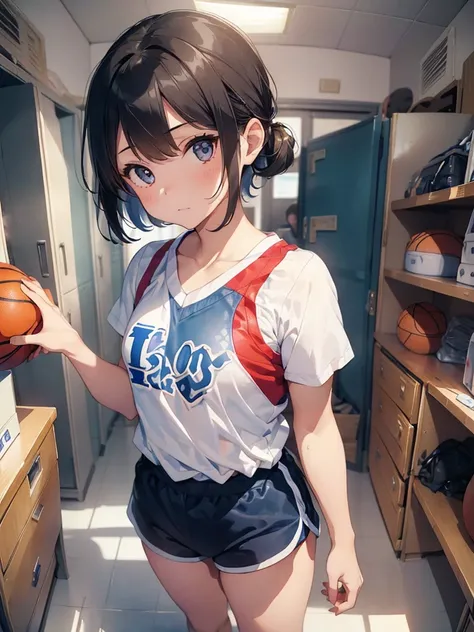 (), small breast  ,(masterpiece), best quality, extremely detailed, (watercolor), bloom, delicate and beautiful, illustration, (1girl:1.4), (solo:1.2), (medium breasts), (basketball jersey:1.3), basketball jersey, (basketball short shorts:1.2), beautiful e...