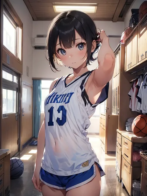 (), small breast  ,(masterpiece), best quality, extremely detailed, (watercolor), bloom, delicate and beautiful, illustration, (1girl:1.4), (solo:1.2), (medium breasts), (basketball jersey:1.3), basketball jersey, (basketball short shorts:1.2), beautiful e...