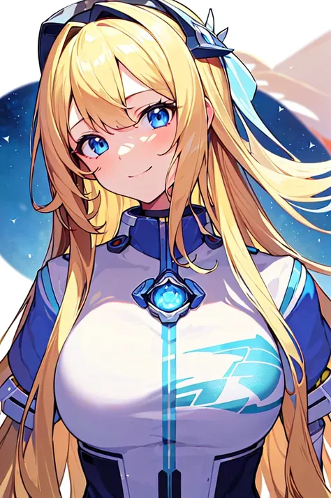 [(WHITE BACKGROUND:1.5),::5], masterpiece, absurdres, best quality, 1girl, solo, (blond hair), long hair, blue eyes, science fiction, (mecha musume:1.4), v-fin, yellow hologram wing, smile face, Anime style