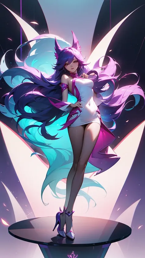 League of Legends Ahri，Full body photo，Normal pose，Background is indoor，Front light，Fashion-forward futuristic clothing, Elegant figure, Full figure, Revealing clothes, Very sexy, Beautiful goddess woman, Open dress, masterpiece，Best quality，Various postur...