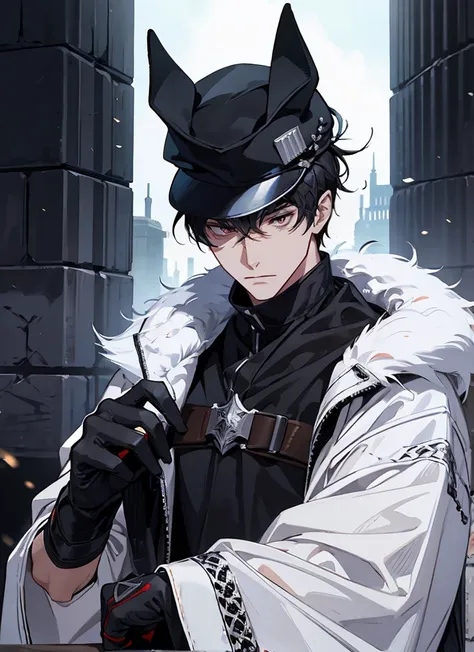 1man fury Gunslinger,Coldplace,fantasy, blackhair, cat ear, tall, glove, wearing hat, handsome, villian face, red eye, 21 yearold, wearing white winter armor, game of throne, male, no ear