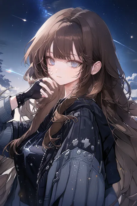 1 girl, CuteStyle, blue eyes, brown hair, long hair with bangs, upper body, flowing hair, dressed in a black hoodie and gray jeans, black fingerless gloves, looking at the viewer, calm gaze, sky, night sky, sky studded with stars, comets, dark, detailed, b...