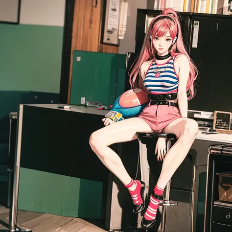 beautiful Korean Girl, Hans Bellmer,Ball jointed doll,about 16years old, wearing high-end headphones office lady,wearing striped bra and socks,open legs,semi-long hair,nude,pink hair,sneer, no background, leather fashion,BDSM, shibari, a vibrator in pussy,...