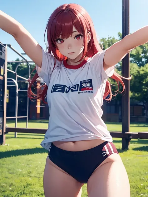 beautiful young woman, anime style, detailed face, red hair, red eyes, delicate features, soft lighting, wearing a gym uniform, white t-shirt, red bloomers, doing a stretch, outdoor school field background, clear blue sky, sunny day, dynamic pose, athletic...