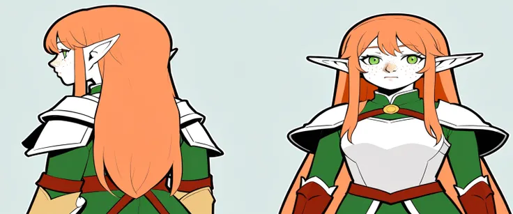 （The same character，front，side，back），Simple background，（whole body）girl，Orange hair，Self-made roll，Long hair，Green eyes，Look straight ahead，Freckles on the face，Armor，Elf ears