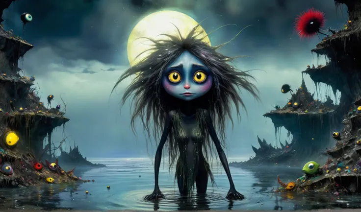 Chalcopyrite Mermaid,moana,golden black make up,longhair,goblin,freckles,pretty face,eyebrow up,full body shot,ominous landscape,glate gray atmosphere,Simon Stalenhag,Nicola Samori,Wangechi Mutu,prime colors,Lisa Frank, ,urban,extremely detailed, [night la...