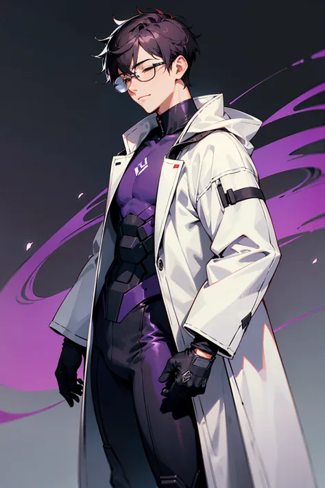 1male, Young Adult, Dark Violet Hair, Eyes Closed, Short Hair, Dojo Background, Slight Smile, Glasses, Standing In City, Detailed background, Black and White Combat Suit, White Coat