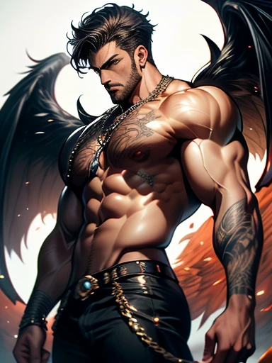 ((obra de arte, melhor qualidade, high resolution)) A handsome man with black demon wings, olhos vermelhos, Orelhas pontudas, muscular