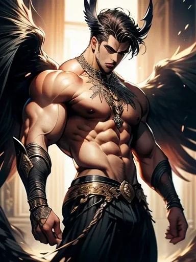 ((obra de arte, melhor qualidade, high resolution)) A handsome man with black demon wings, olhos vermelhos, Orelhas pontudas, muscular