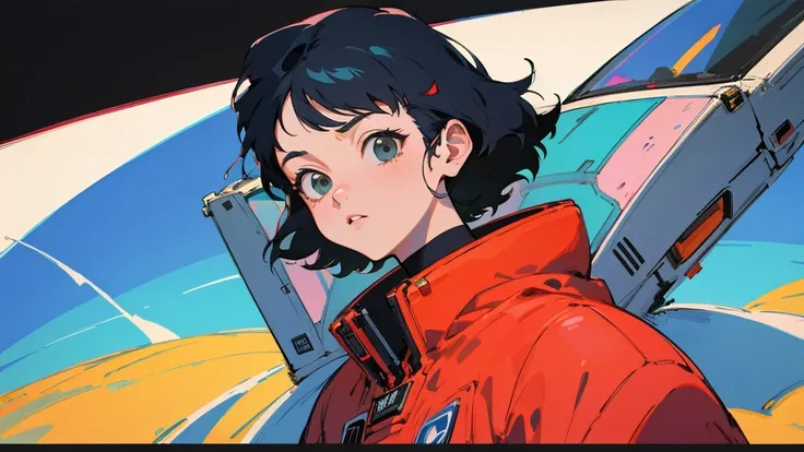 A cartoon character wearing a space suit and flying an airplane, Portrait Anime Astronaut Girl, Pilot Girl, cute Pilot Girl, Lo-fi Girl, Akira art style, Macross Style, Akira-style illustration, style of akira motion movie, M cross, Akira Vibe, Inspired by...