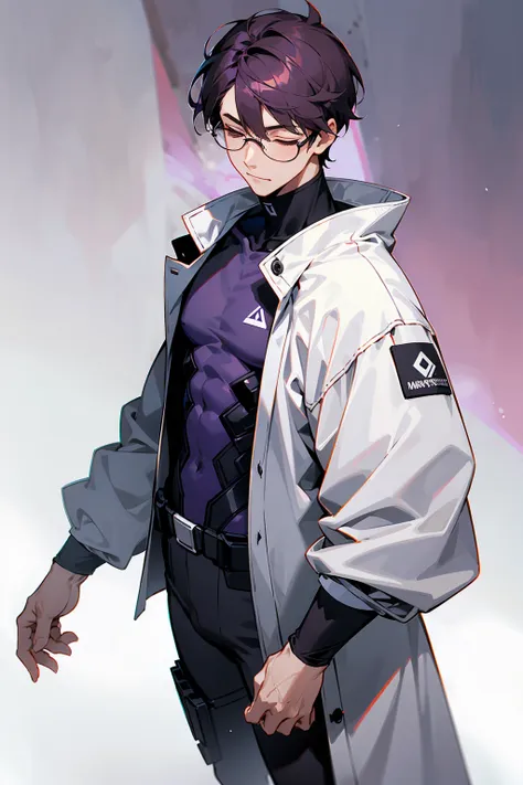 1male, Young Adult, Dark Violet Hair, Eyes Closed, Short Hair, Dojo Background, Slight Smile, Glasses, Standing In City, Detailed background, Black and White Combat Suit, White Coat