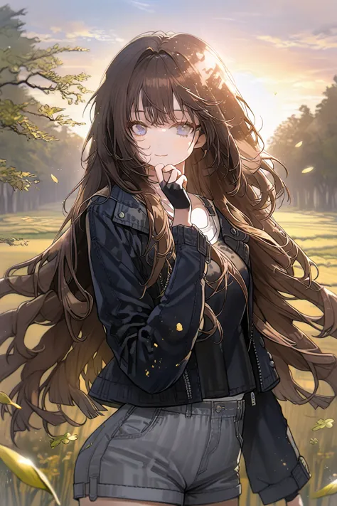 1 girl, CuteStyle, blue eyes, brown hair, long hair with bangs, flowing hair, upper body, dressed in a black T-shirt and gray shorts, black fingerless gloves, black denim jacket unbuttoned with long sleeves, standing in a field, grass, trees on the horizon...